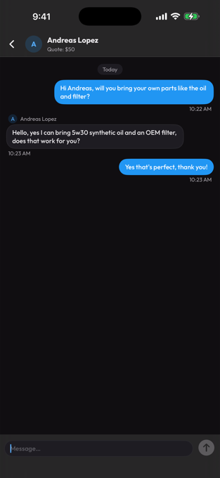 Chatting with a matched mechanic in the AutoBud app