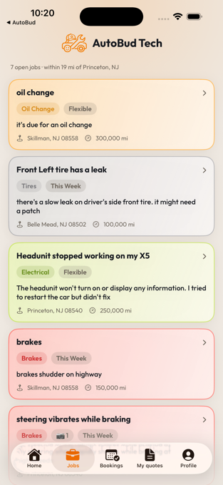 The AutoBud Tech job board showing local repair jobs